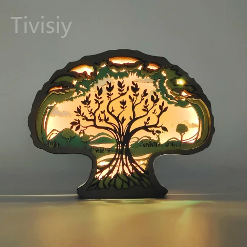 17.7 Inch Tree Of Life 3D Wood Statue Lamp with Voice Control and Remote Control